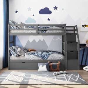 Luxury Triple Wooden Bunk Bed with Stairs & Pull-Out Trundle - Bunk Bed | Front room view