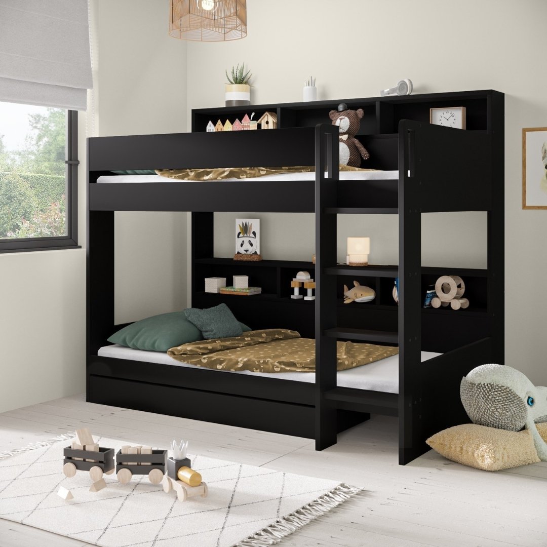 1 Multifunctional Kids Bunk Bed with Storage & Shelves - Bunk Bed | black color