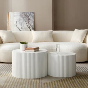 Ribbed Nesting Coffee Table Set – Modern Round Accent Tables- Coffee Table | white color