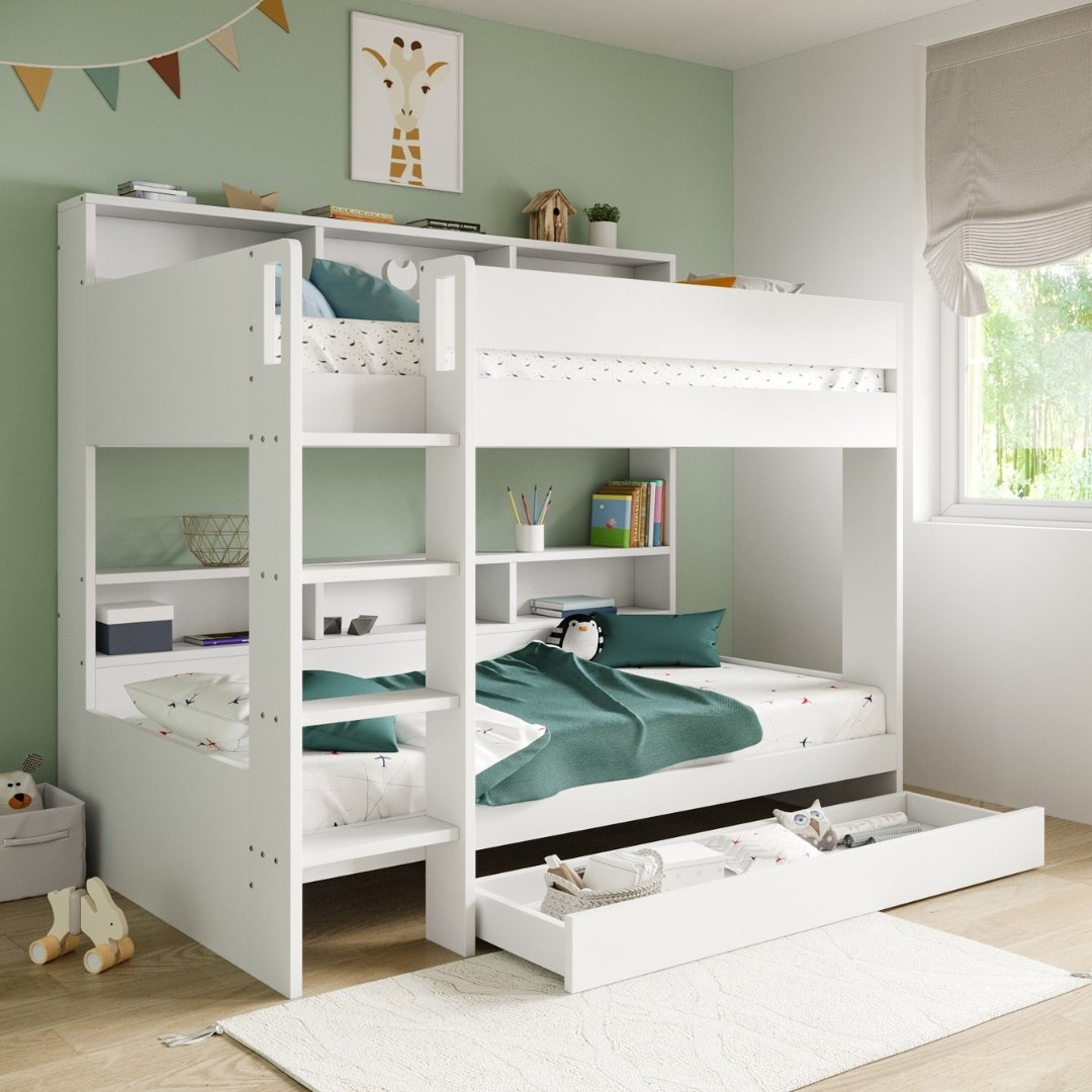 2 Multifunctional Kids Bunk Bed with Storage & Shelves - Bunk Bed | white color
