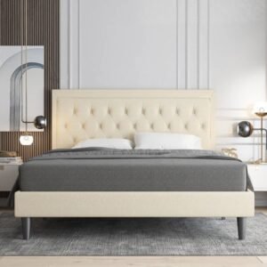 Button Tufted Platform Bed- beds | off white front