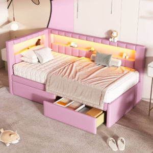 Smart LED Kids & Teens Bed with Storage Drawers - Single bed | pink color