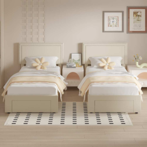 Modern Single Bed with Nailhead Headboard - Single Bed | Bedroom view