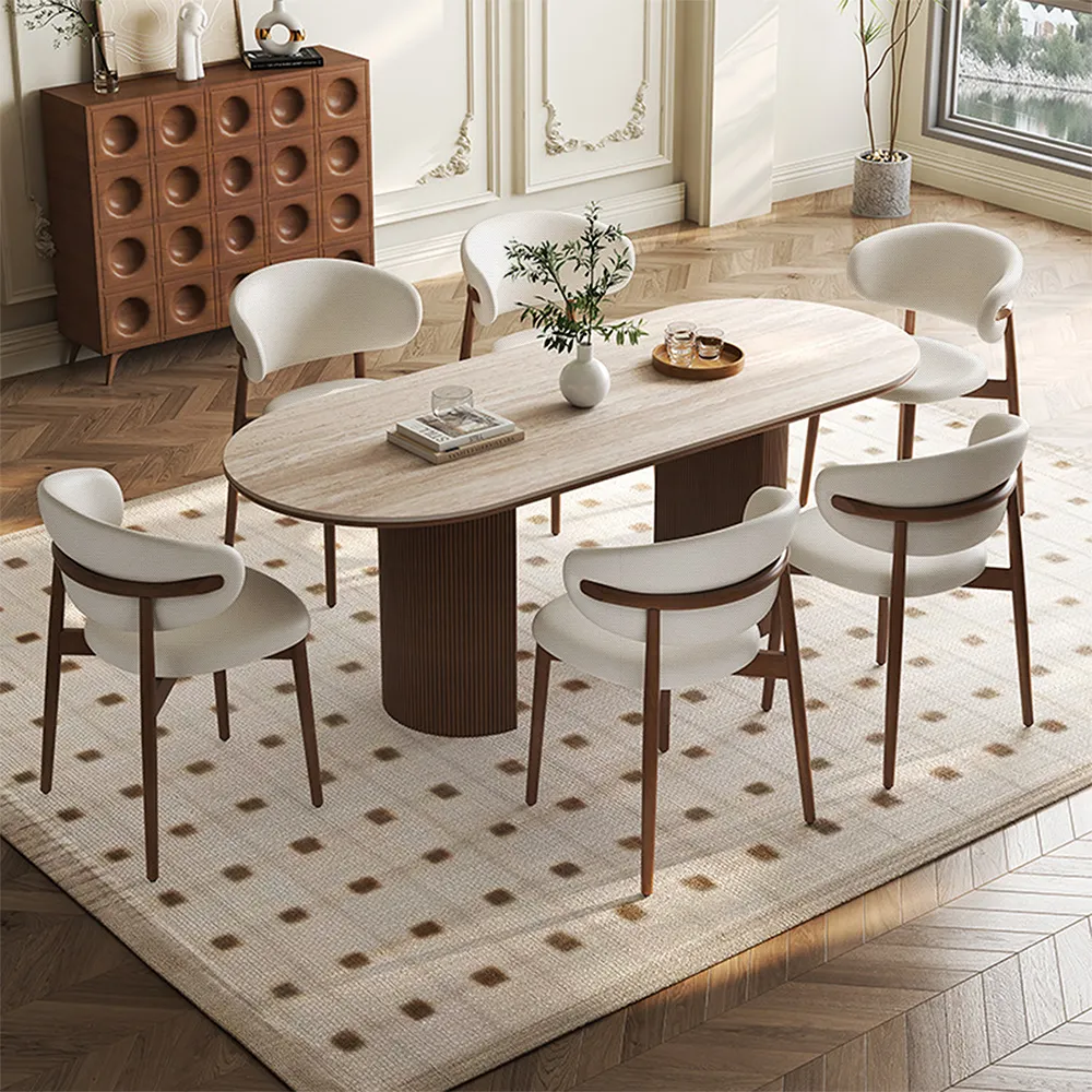 Scandinavian Dining Table with 6 Upholstered Chairs