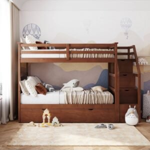 Luxury Triple Wooden Bunk Bed with Stairs & Pull-Out Trundle - Bunk Bed | Front room view brown color
