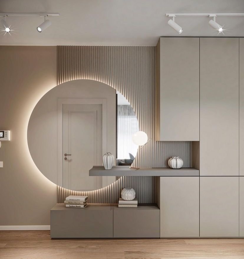 Modern LED Circle Mirror Wall Unit with Hidden Storage