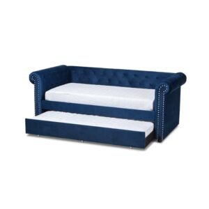 Chesterfield-Style Trundle Daybed – Convertible Sofa Bed - Daybed | blue color trundle open