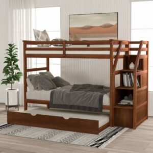 Luxury Triple Wooden Bunk Bed with Stairs & Pull-Out Trundle - Bunk Bed | bedroom view