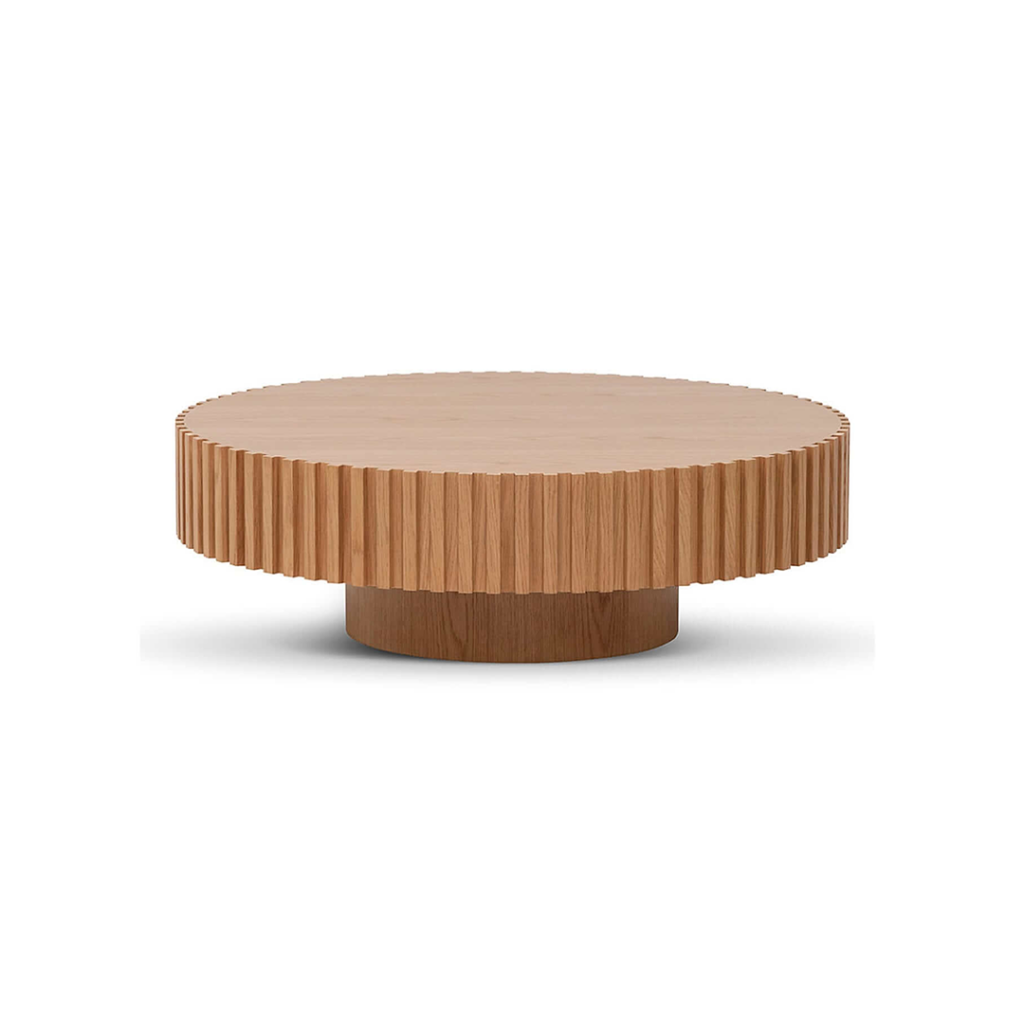Ansel Slatted Round Center Table with Pedestal Base - Coffee Table | white background