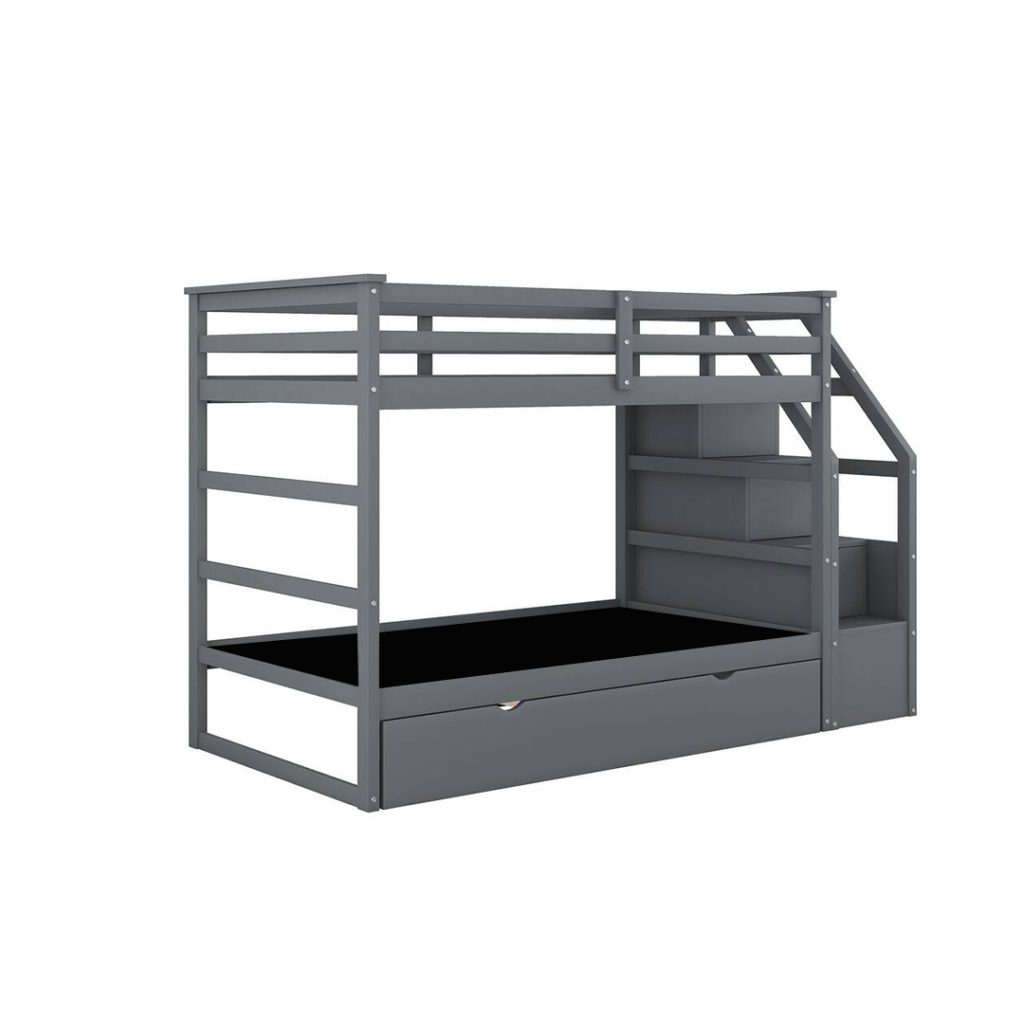 Luxury Triple Wooden Bunk Bed with Stairs & Pull-Out Trundle - Bunk Bed | grey color