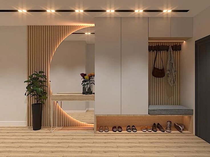 Modern Entryway Console with LED Round Mirror, Shoe Storage & Seating Bench