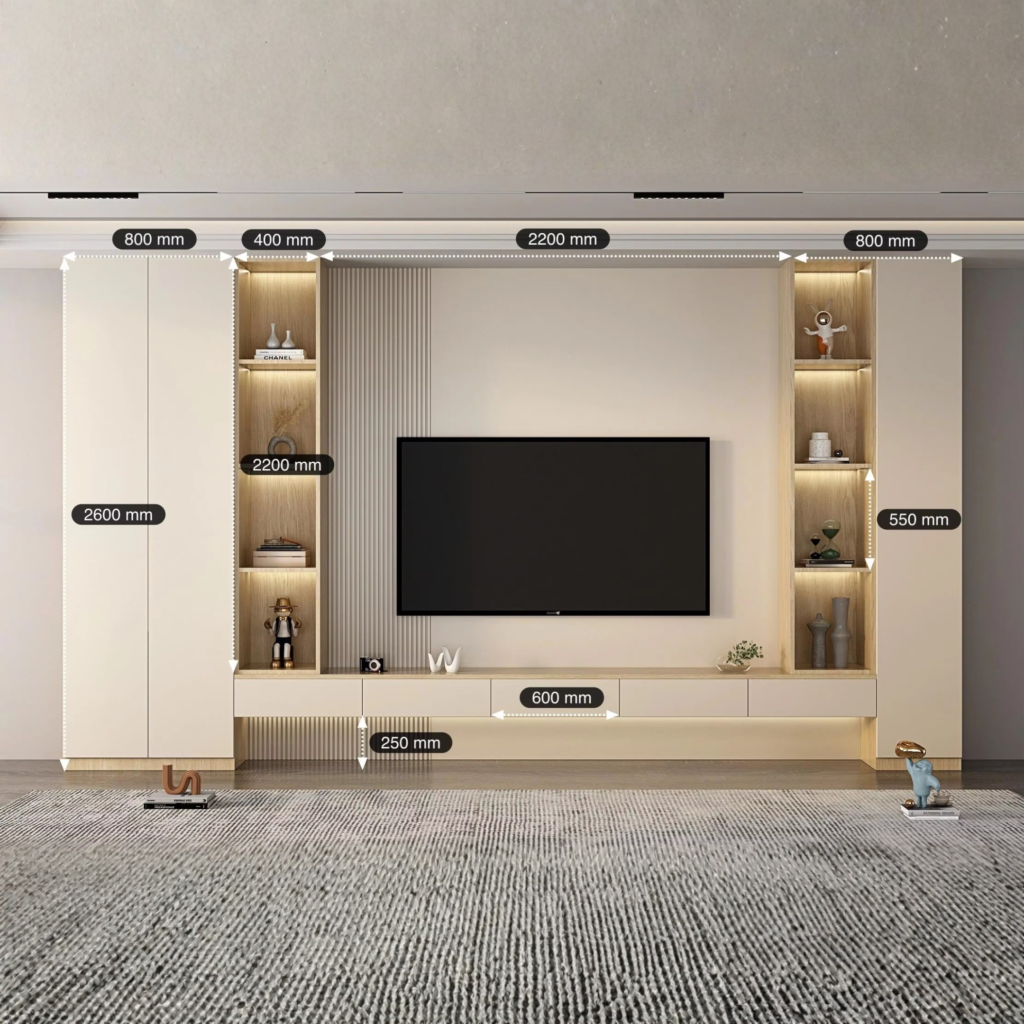 Modern TV Wall Unit with Shelves & Floating Storage- Tv unit | Front view