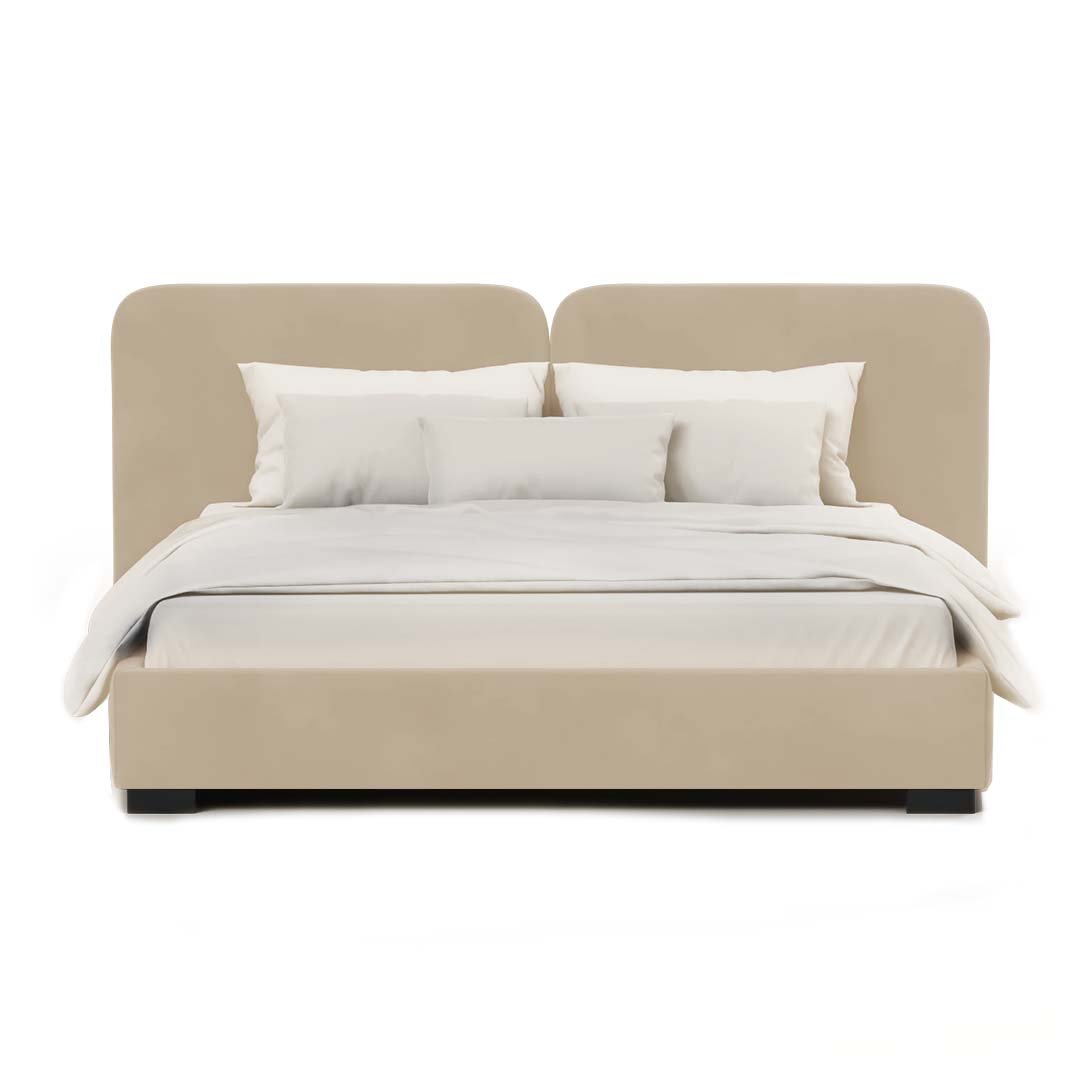 Chloe Velvet Upholstered Bed in beige Chloe Velvet Upholstered Bed sideboard view – Beds | beige color